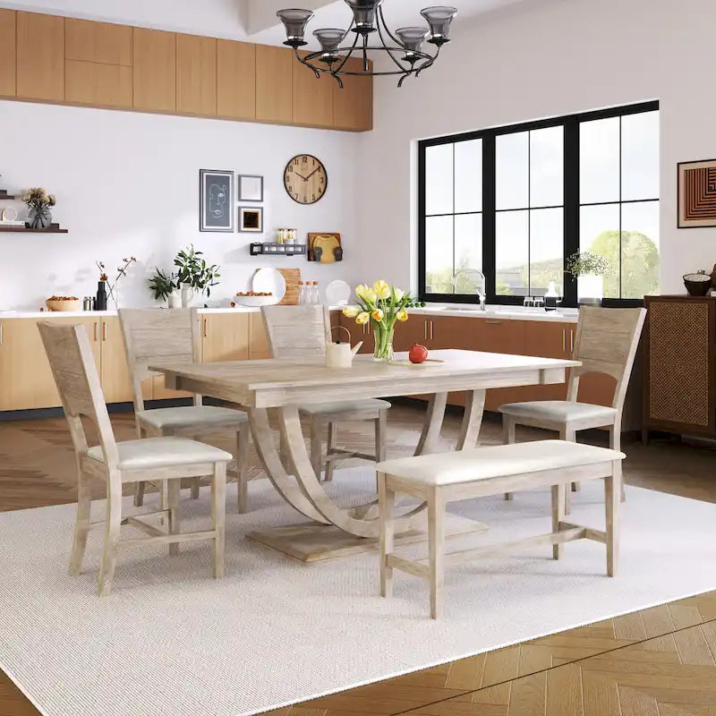Ensemble de salle à manger 6 pièces en bois avec table rectangulaire et 4 chaises