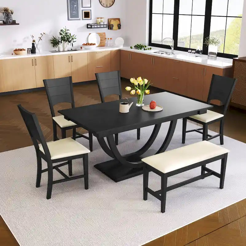 Ensemble de salle à manger 6 pièces en bois avec table rectangulaire et 4 chaises