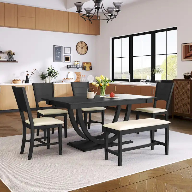Ensemble de salle à manger 6 pièces en bois avec table rectangulaire et 4 chaises