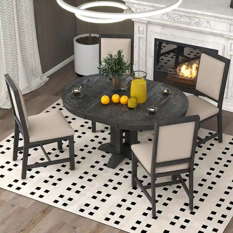 Ensemble de salle à manger 5 pièces en bois noir avec table ronde extensible et 4 chaises