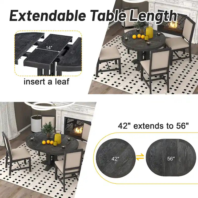 Ensemble de salle à manger 5 pièces en bois noir avec table ronde extensible et 4 chaises