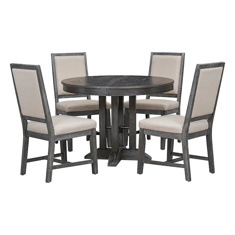Ensemble de salle à manger 5 pièces en bois noir avec table ronde extensible et 4 chaises