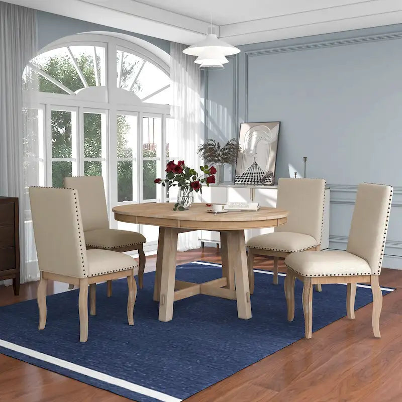 Ensemble de salle à manger 5 pièces en bois avec table ronde extensible et 4 chaises