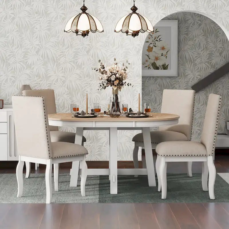 Ensemble de salle à manger 5 pièces en bois avec table ronde extensible et 4 chaises