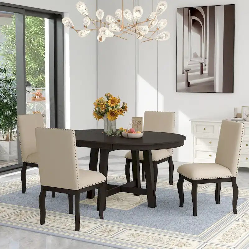 Ensemble de salle à manger 5 pièces en bois avec table ronde extensible et 4 chaises