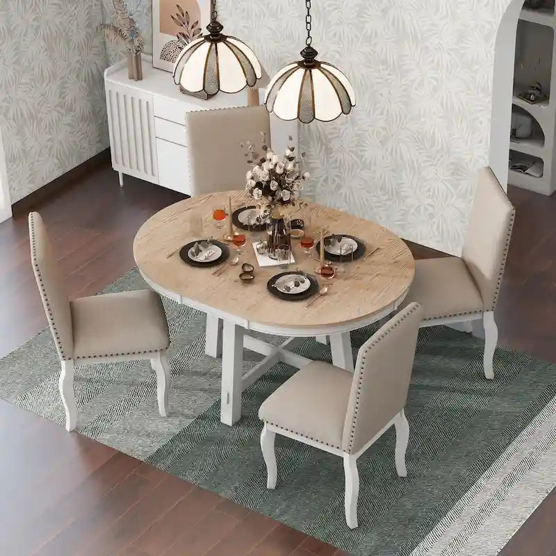Ensemble de salle à manger 5 pièces en bois avec table ronde extensible et 4 chaises