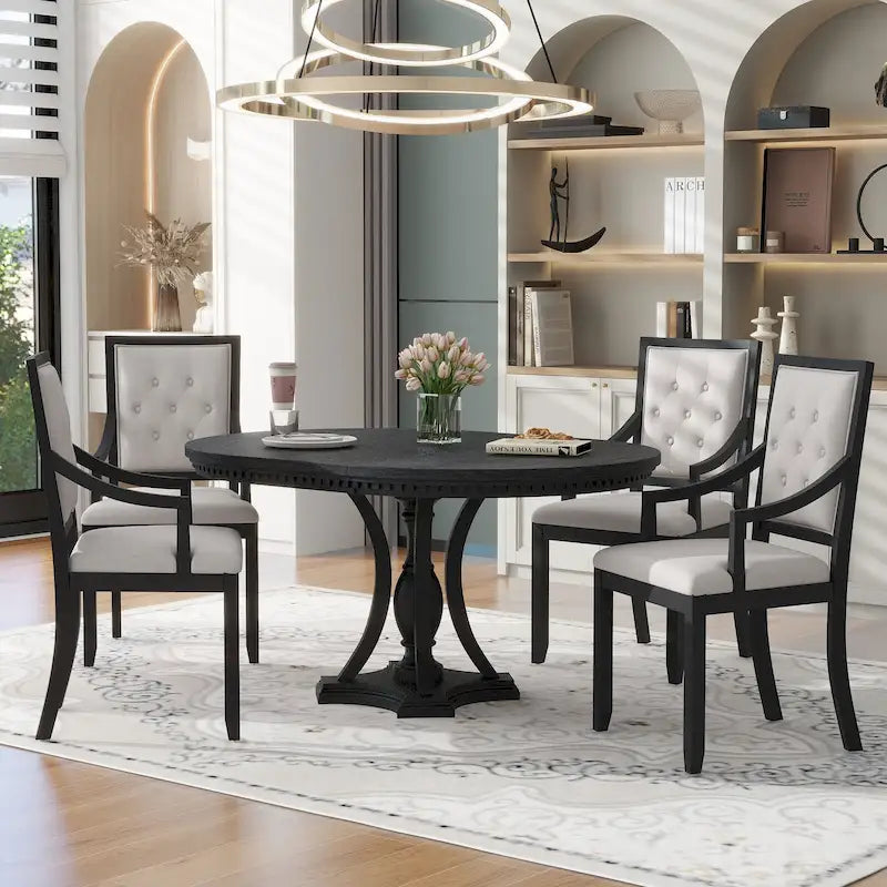 Ensemble de salle à manger noir 5 pièces en bois avec table ronde extensible et 4 fauteuils