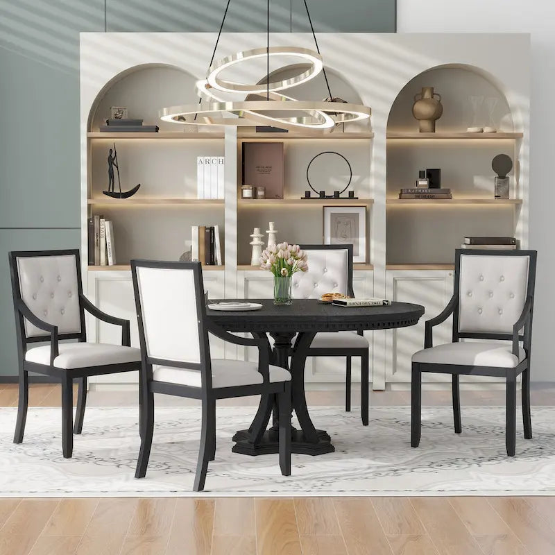 Ensemble de salle à manger noir 5 pièces en bois avec table ronde extensible et 4 fauteuils