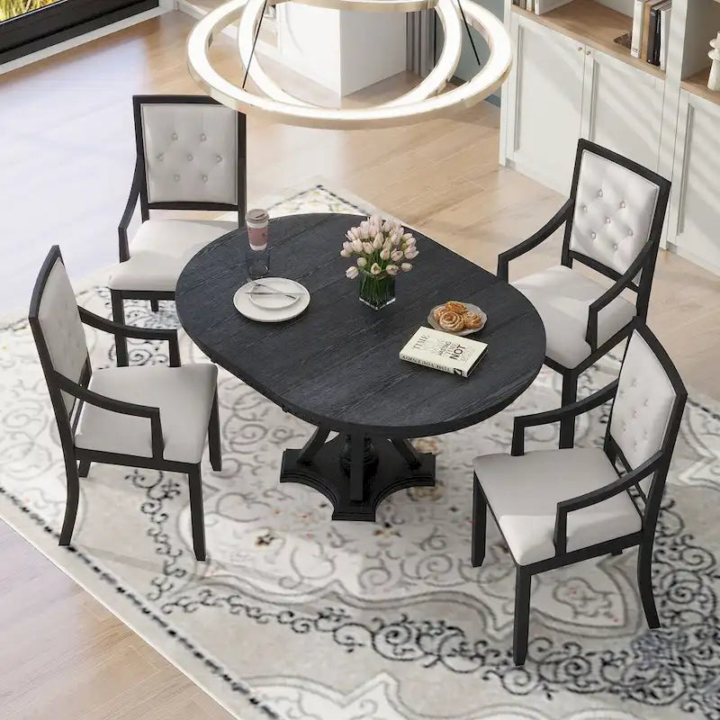 Ensemble de salle à manger noir 5 pièces en bois avec table ronde extensible et 4 fauteuils