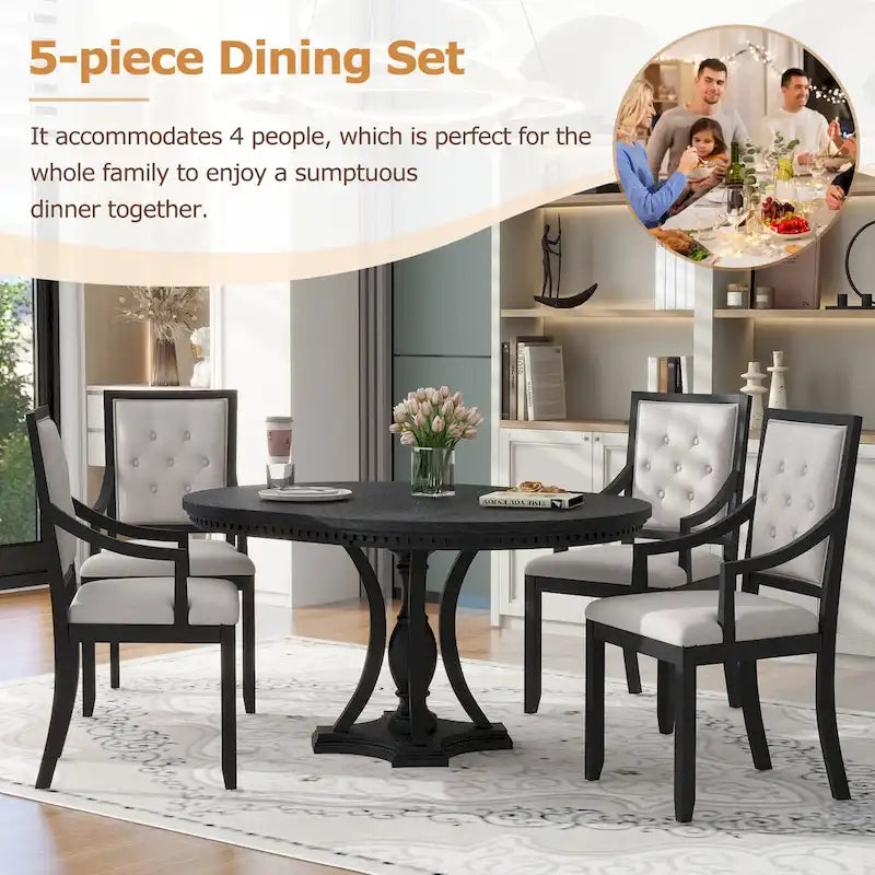 Ensemble de salle à manger noir 5 pièces en bois avec table ronde extensible et 4 fauteuils