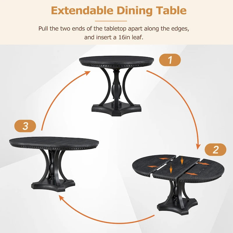 Ensemble de salle à manger noir 5 pièces en bois avec table ronde extensible et 4 fauteuils