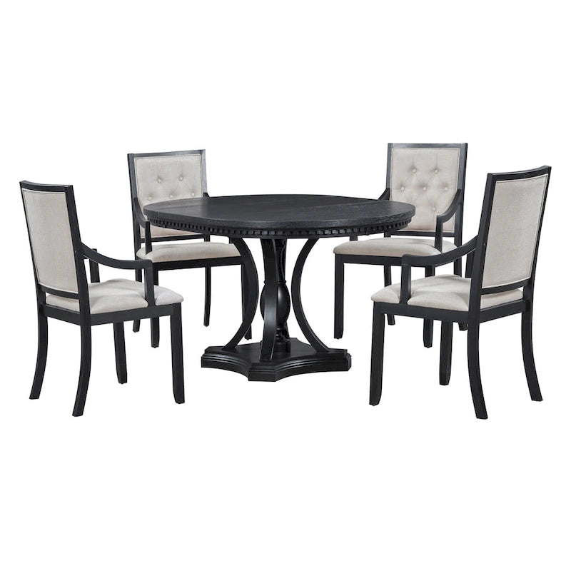 Ensemble de salle à manger noir 5 pièces en bois avec table ronde extensible et 4 fauteuils