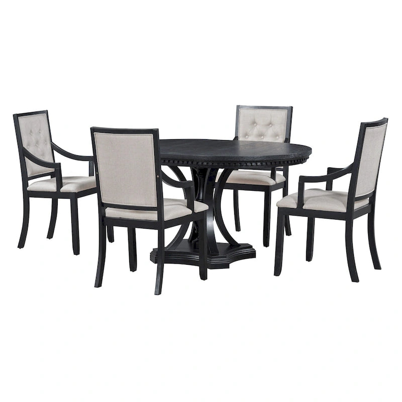 Ensemble de salle à manger noir 5 pièces en bois avec table ronde extensible et 4 fauteuils
