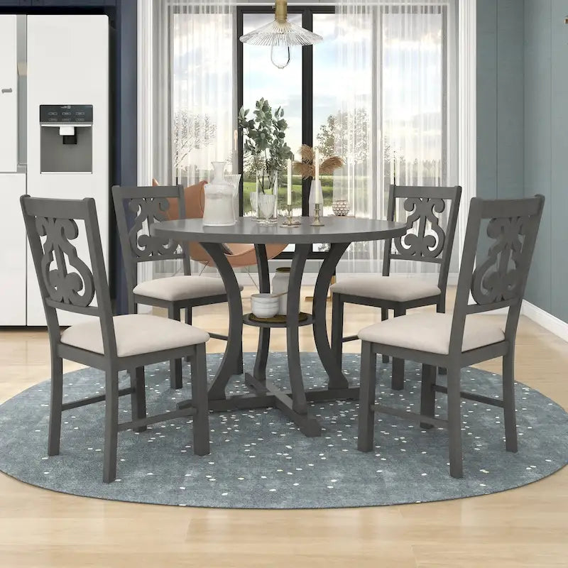 Ensemble de salle à manger rétro 5 pièces en bois avec 4 chaises et table ronde