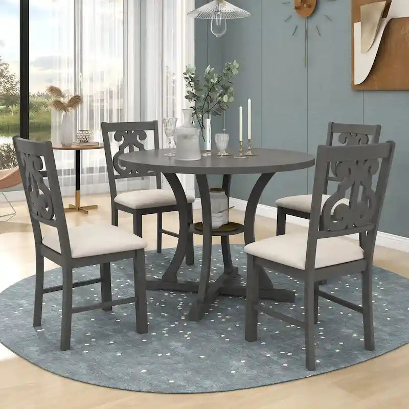 Ensemble de salle à manger rétro 5 pièces en bois avec 4 chaises et table ronde