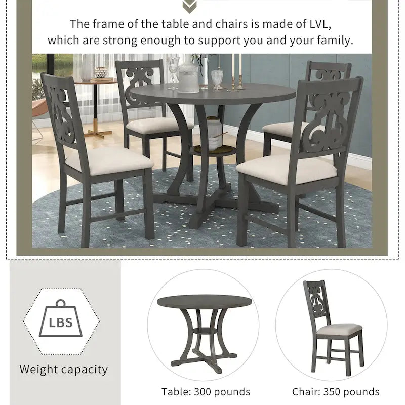 Ensemble de salle à manger rétro 5 pièces en bois avec 4 chaises et table ronde
