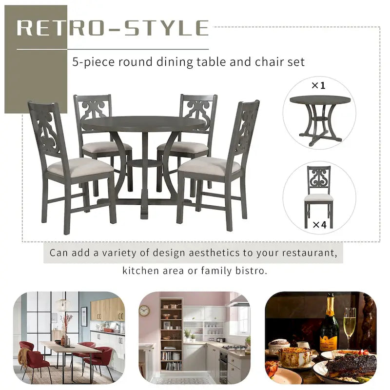 Ensemble de salle à manger rétro 5 pièces en bois avec 4 chaises et table ronde