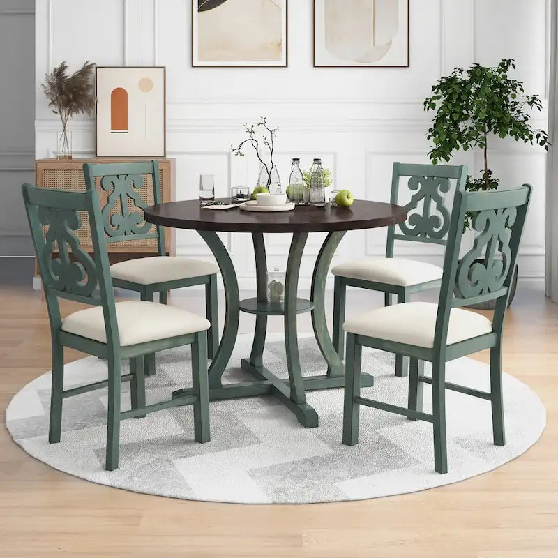 Ensemble de salle à manger rétro 5 pièces en bois avec 4 chaises et table ronde