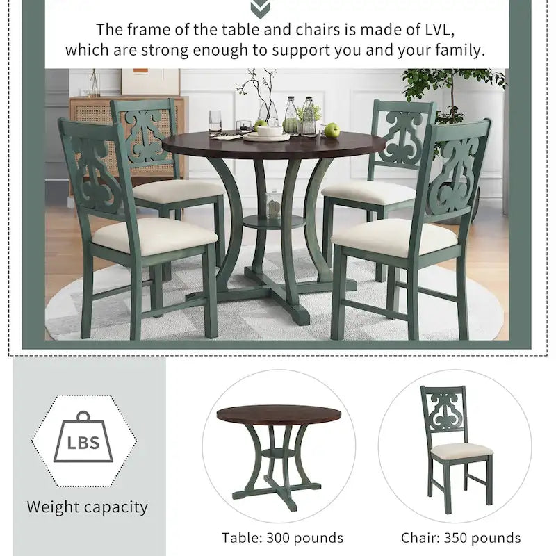 Ensemble de salle à manger rétro 5 pièces en bois avec 4 chaises et table ronde