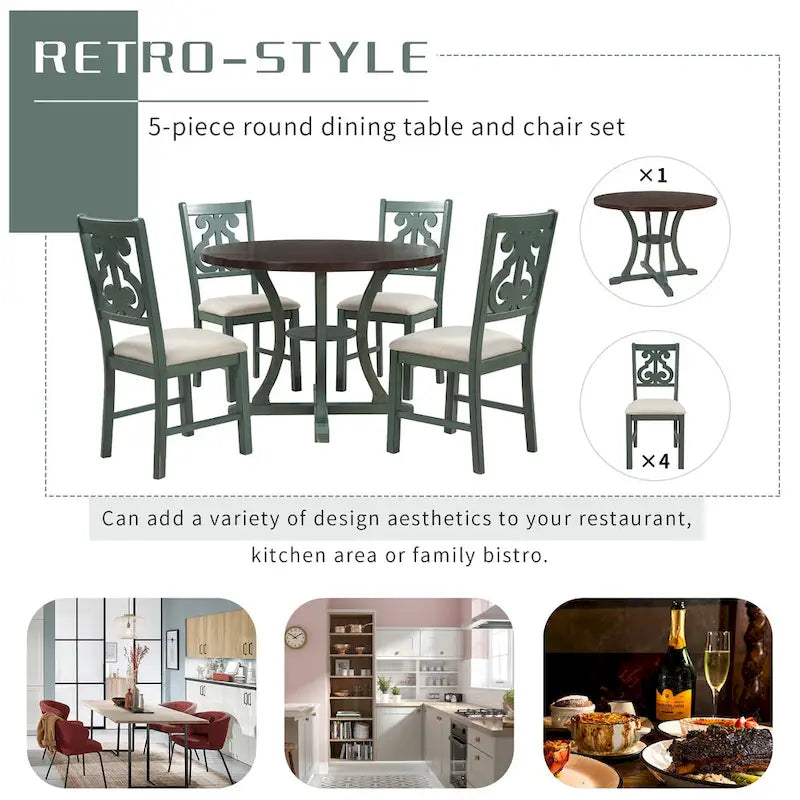 Ensemble de salle à manger rétro 5 pièces en bois avec 4 chaises et table ronde
