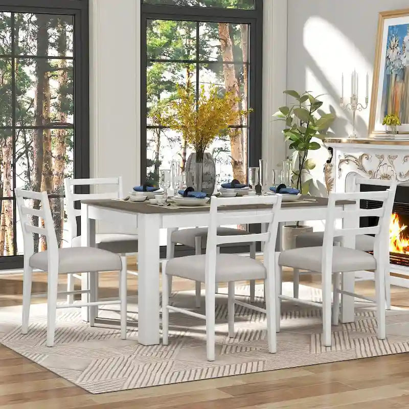 Ensemble de salle à manger 7 pièces en bois avec 6 chaises et table extensible