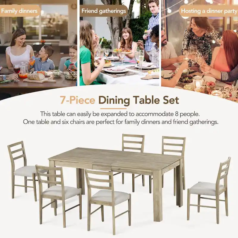 Ensemble de salle à manger 7 pièces en bois avec 6 chaises et table extensible