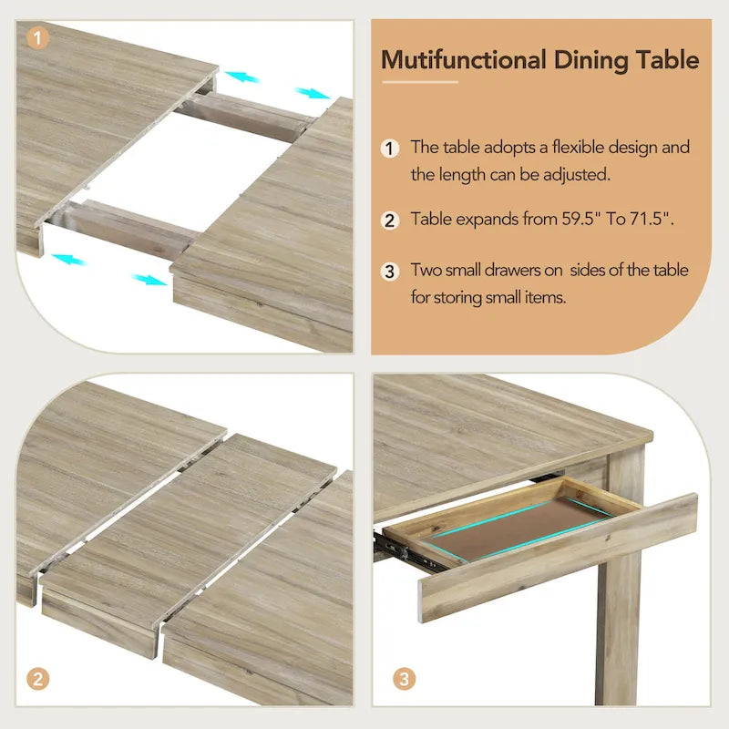 Ensemble de salle à manger 7 pièces en bois avec 6 chaises et table extensible