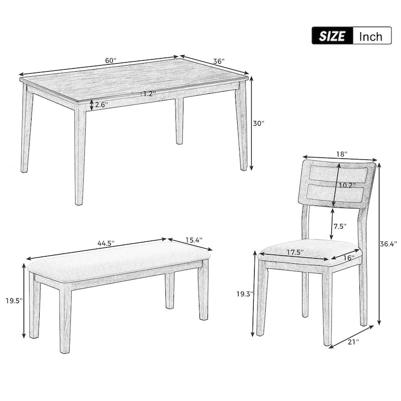 Ensemble de salle à manger 6 pièces en bois avec 4 chaises et un banc