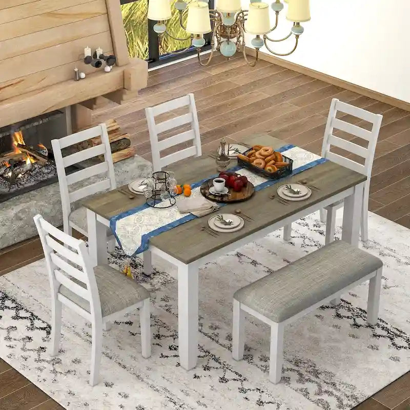 Ensemble de salle à manger 6 pièces en bois marron et blanchi avec table rectangulaire, 4 chaises et banc