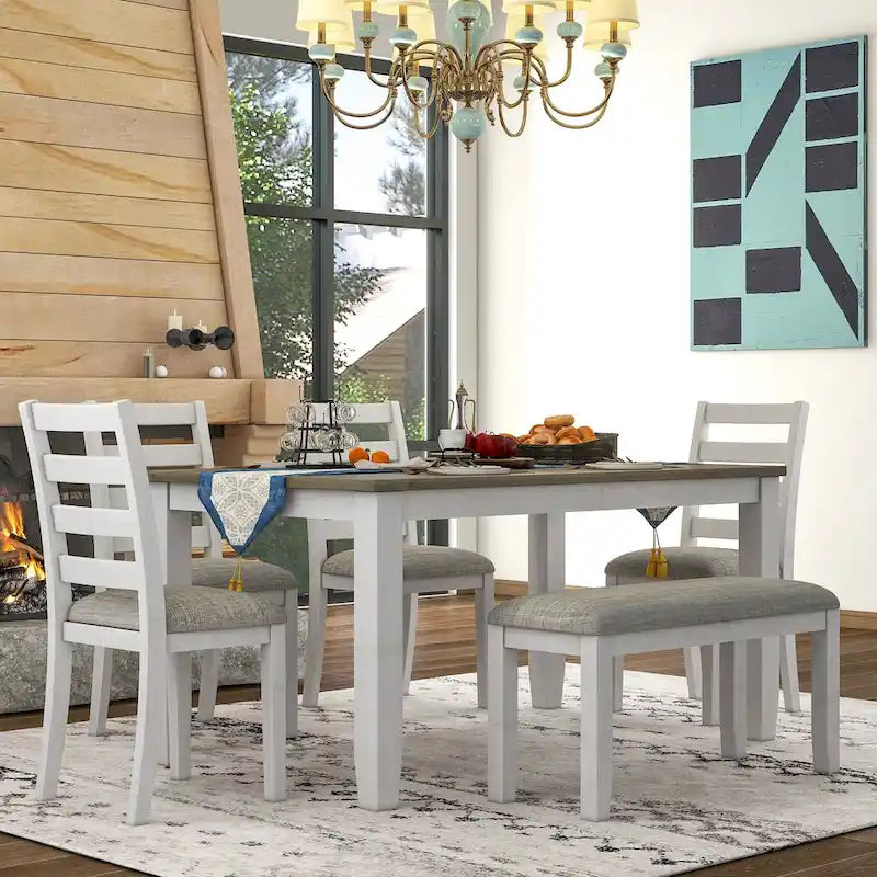 Ensemble de salle à manger 6 pièces en bois marron et blanchi avec table rectangulaire, 4 chaises et banc