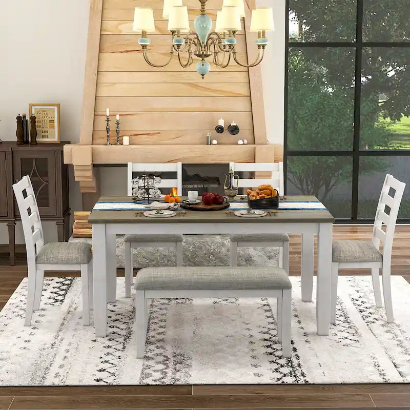 Ensemble de salle à manger 6 pièces en bois marron et blanchi avec table rectangulaire, 4 chaises et banc