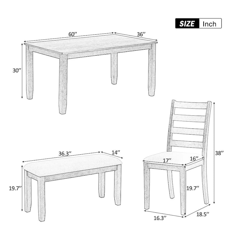 Ensemble de salle à manger 6 pièces en bois marron et blanchi avec table rectangulaire, 4 chaises et banc
