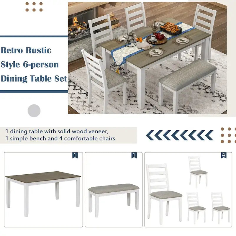 Ensemble de salle à manger 6 pièces en bois marron et blanchi avec table rectangulaire, 4 chaises et banc