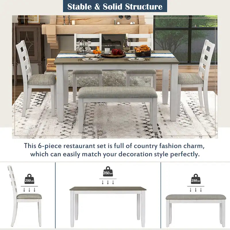 Ensemble de salle à manger 6 pièces en bois marron et blanchi avec table rectangulaire, 4 chaises et banc