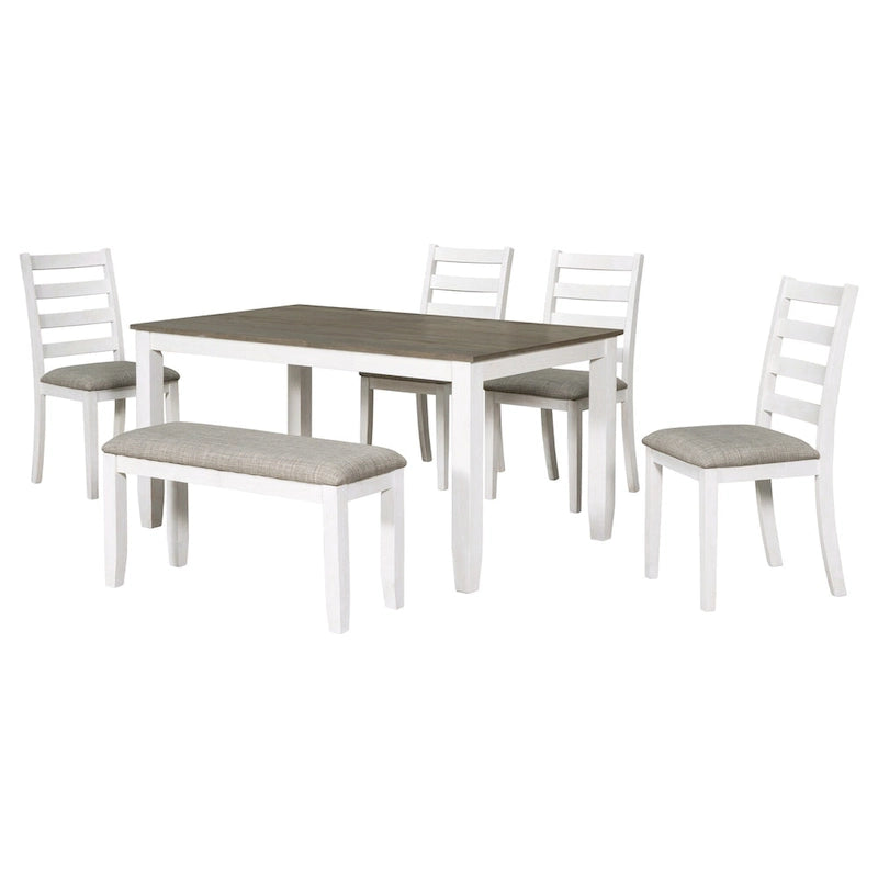 Ensemble de salle à manger 6 pièces en bois marron et blanchi avec table rectangulaire, 4 chaises et banc