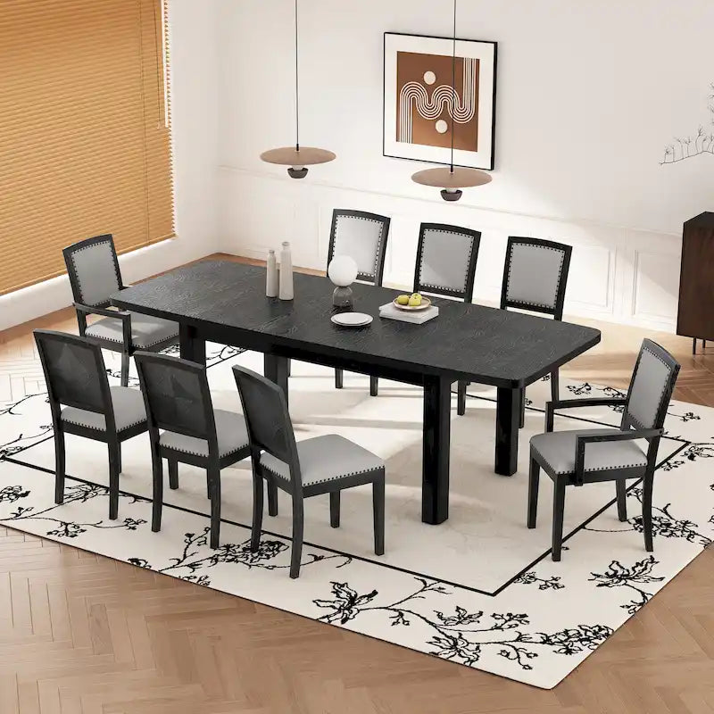 Ensemble de salle à manger en bois 7 pièces avec table extensible, 6 chaises sans accoudoirs et 2 fauteuils