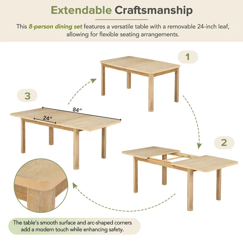 Ensemble de salle à manger en bois 7 pièces avec table extensible, 6 chaises sans accoudoirs et 2 fauteuils
