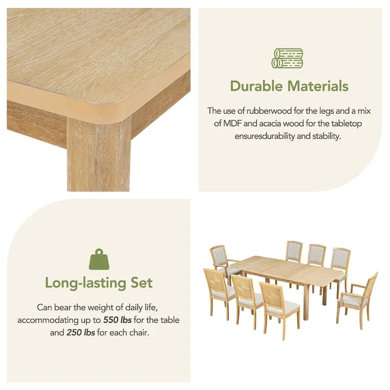 Ensemble de salle à manger en bois 7 pièces avec table extensible, 6 chaises sans accoudoirs et 2 fauteuils