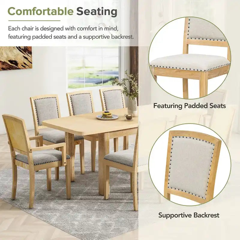 Ensemble de salle à manger en bois 7 pièces avec table extensible, 6 chaises sans accoudoirs et 2 fauteuils