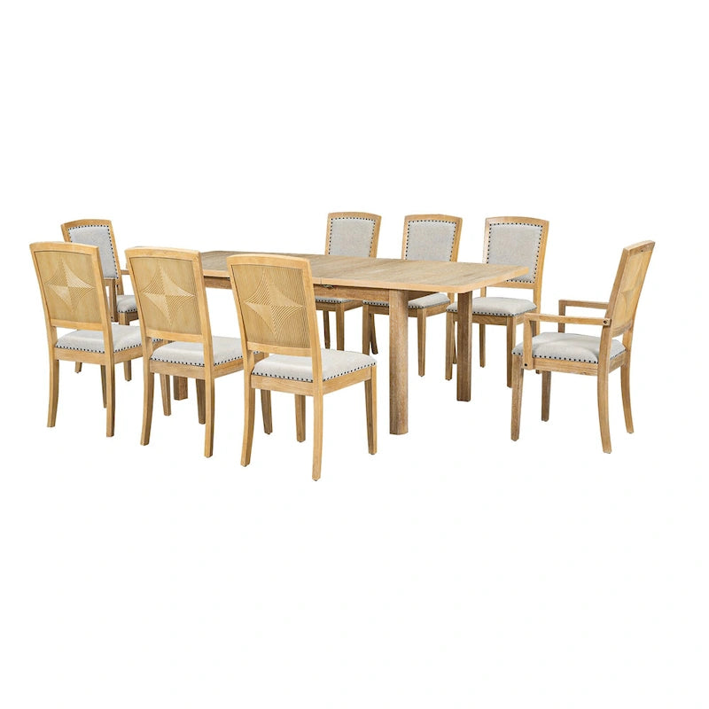 Ensemble de salle à manger en bois 7 pièces avec table extensible, 6 chaises sans accoudoirs et 2 fauteuils