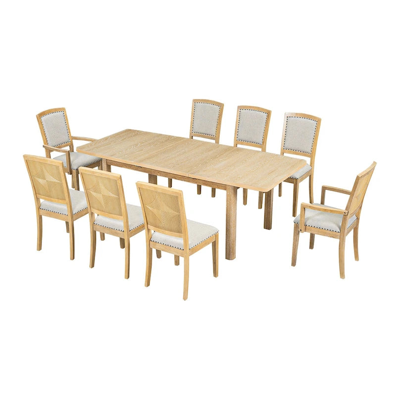 Ensemble de salle à manger en bois 7 pièces avec table extensible, 6 chaises sans accoudoirs et 2 fauteuils