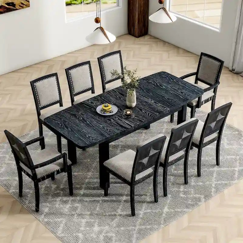 Ensemble de salle à manger en bois 7 pièces avec table extensible, 6 chaises sans accoudoirs et 2 fauteuils