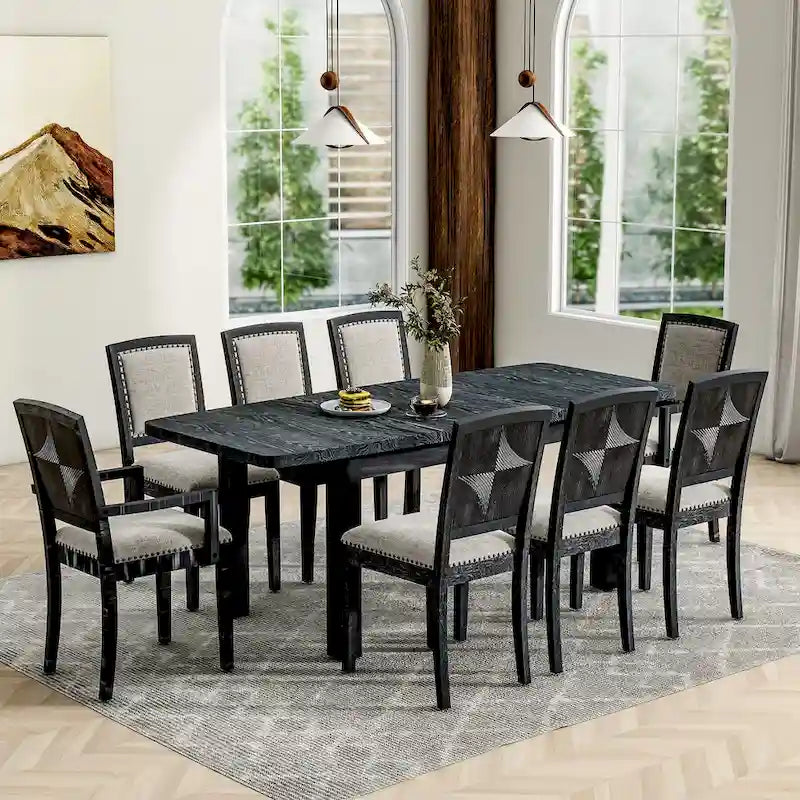 Ensemble de salle à manger en bois 7 pièces avec table extensible, 6 chaises sans accoudoirs et 2 fauteuils