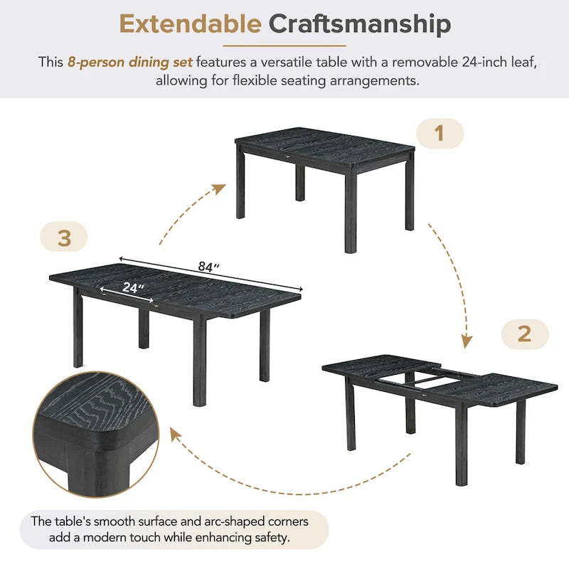 Ensemble de salle à manger en bois 7 pièces avec table extensible, 6 chaises sans accoudoirs et 2 fauteuils