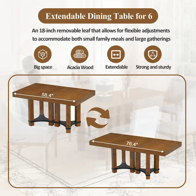 Ensemble de salle à manger 7 pièces de style rustique avec table extensible à rallonge amovible, 2 fauteuils et 4 chaises sans accoudoirs