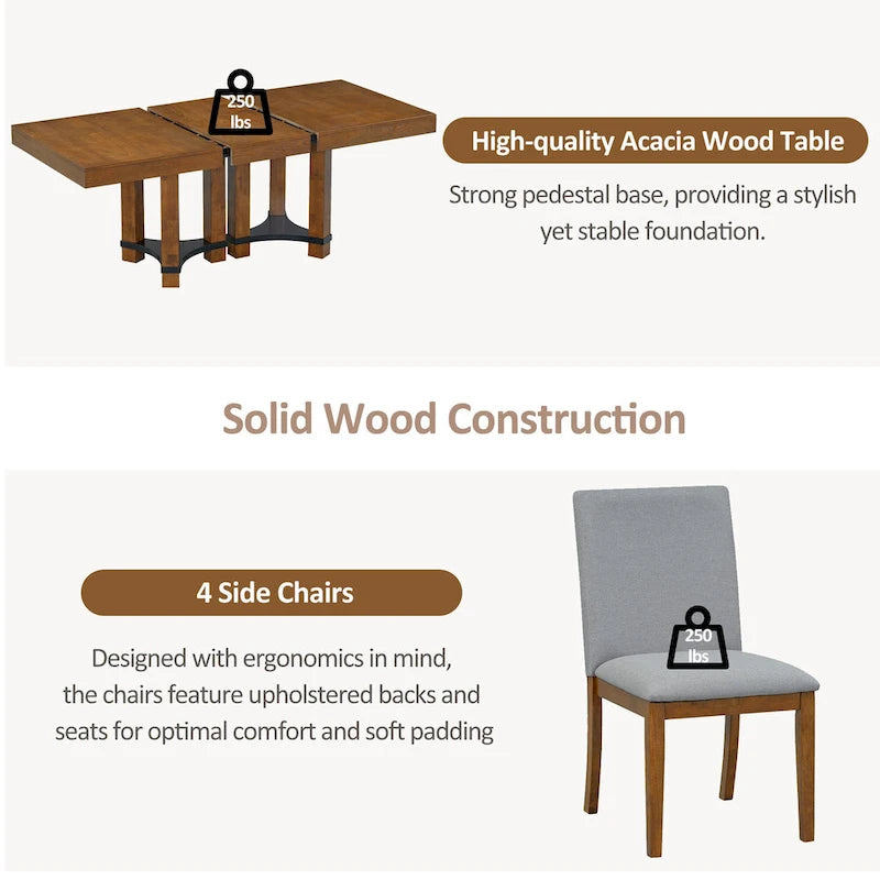 Ensemble de salle à manger 7 pièces de style rustique avec table extensible à rallonge amovible, 2 fauteuils et 4 chaises sans accoudoirs