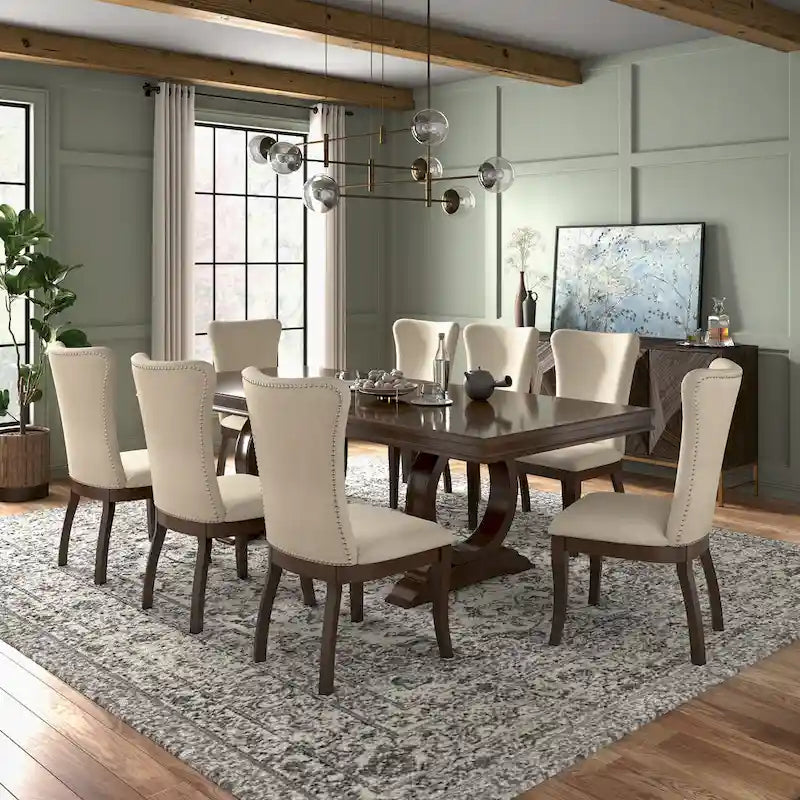 Ensemble de salle à manger extensible en bois de cerisier foncé et tissu beige Tallinn
