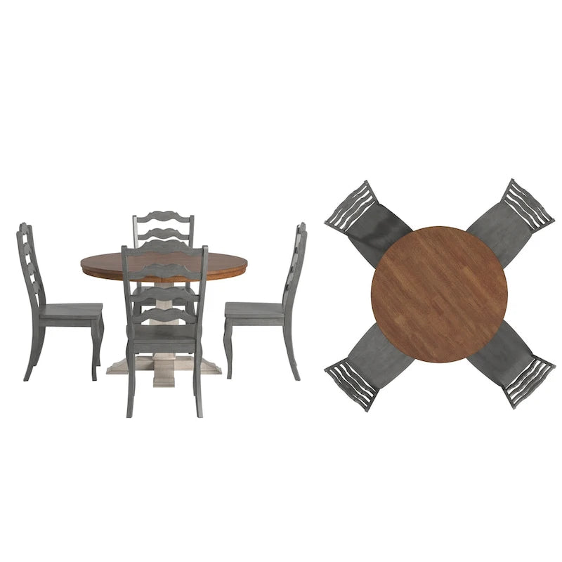 Ensemble de salle à manger Ronda 45 avec plateau rond en bois massif et chaises françaises à barreaux