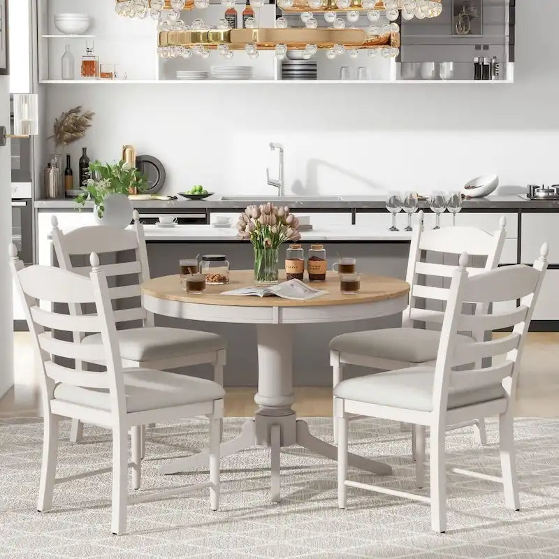 Ensemble de salle à manger rétro fonctionnel 5 pièces, table ronde extensible en bois et 4 chaises de salle à manger rembourrées
