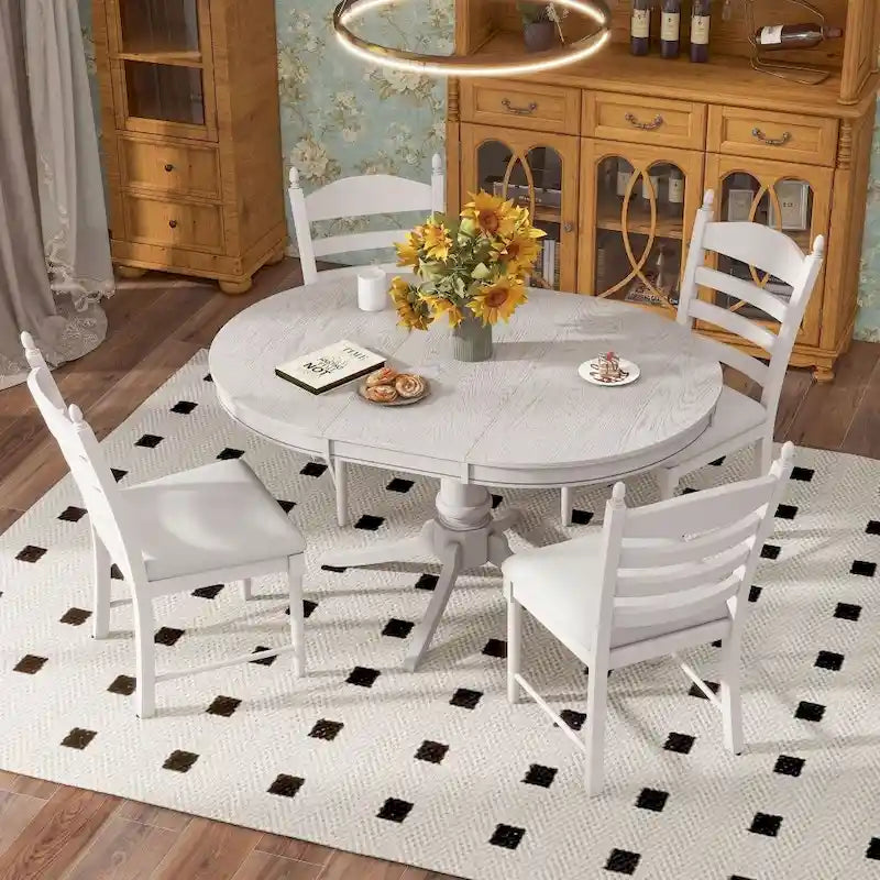 Ensemble de salle à manger rétro fonctionnel 5 pièces, table ronde extensible en bois et 4 chaises de salle à manger rembourrées